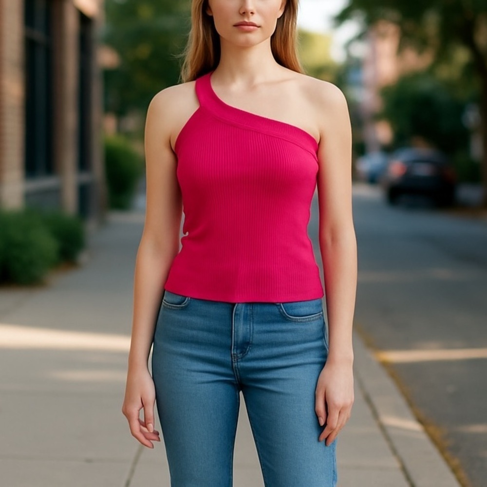 Monrow hot pink stretchy ribbed tank Tube top one shoulder